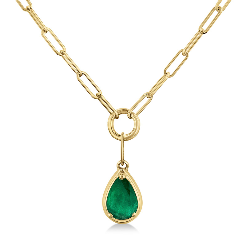 10K YELLOW GOLD BEZEL NECKLACE WITH ONE = 6.00X4.00MM PEAR EMERALD