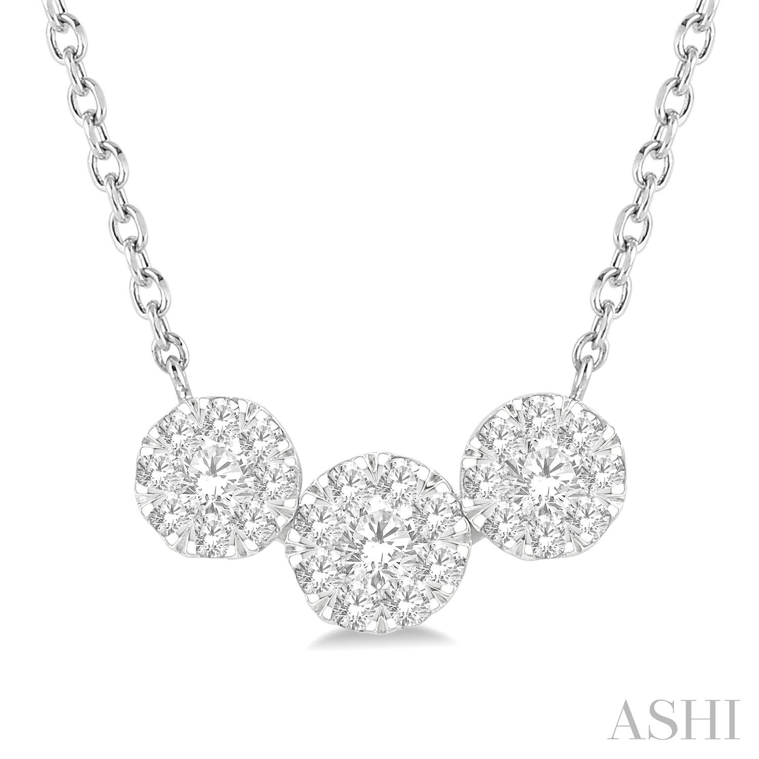 14 KARAT WHITE GOLD LOVEBRIGHT TRIO DIAMOND NECKLACE WITH 27=0.50TW ROUND I-J SI3-I1 DIAMONDS 18