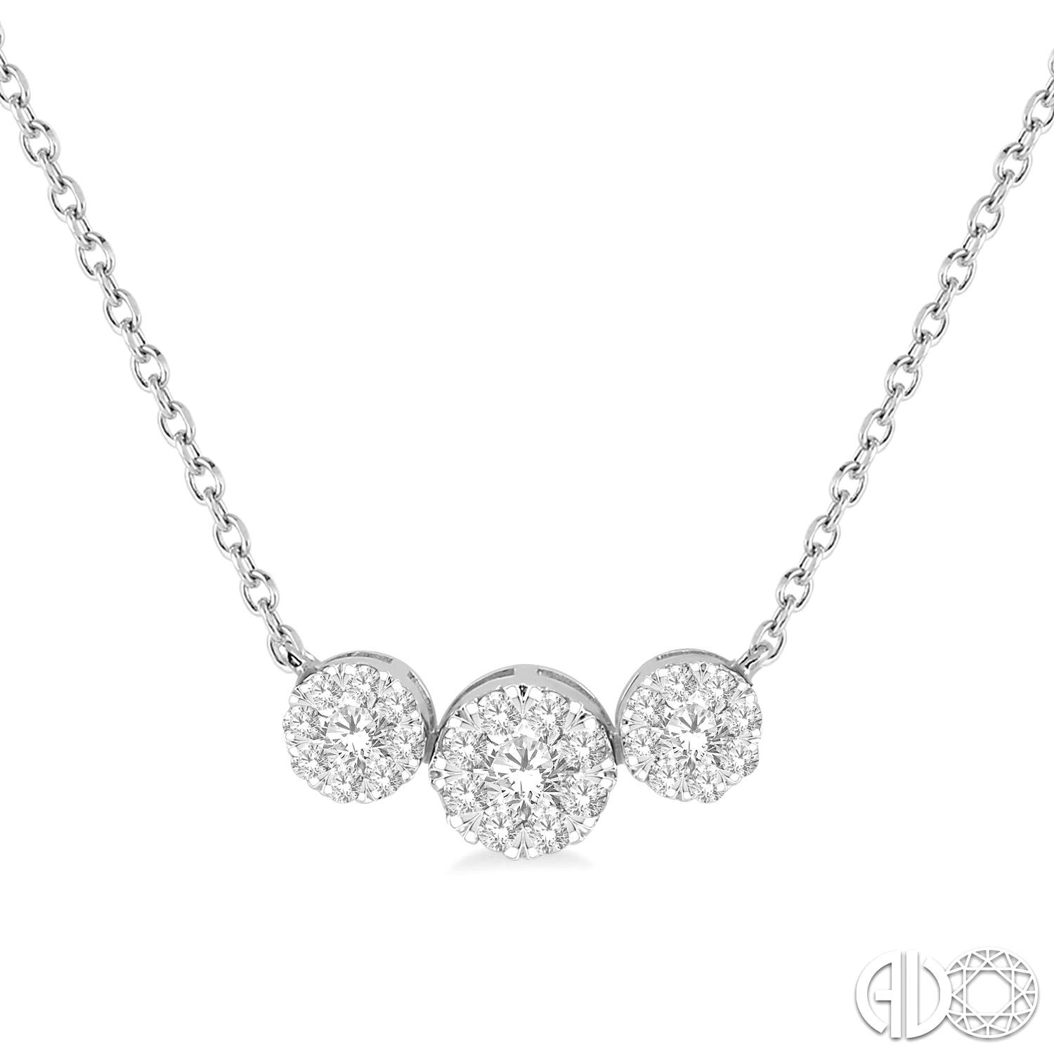 14 KARAT WHITE GOLD LOVEBRIGHT TRIO DIAMOND NECKLACE WITH 27=0.75TW ROUND I-J SI3-I1 DIAMONDS 18