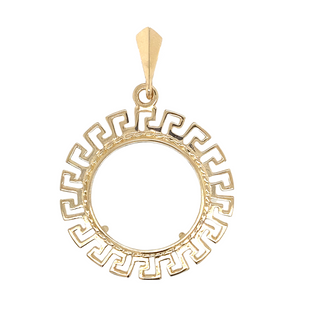 14K YELLOW GOLD ESTATE GREEK KEY COIN HOLDER PENDANT GRAM WEIGHT: 6.19 (ESTATE ITEM:  ALL SALES FINAL  AS IS  NO WARRANTY)