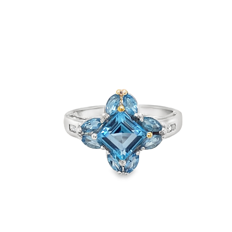 10K WHITE GOLD ESTATE RING SIZE 6.5 ONE = 1.50CT SQUARE STEP CUT BLUE TOPAZ  8 = MARQUISE BLUE TOPAZS AND 4 = 0.04TW SINGLE CUT H I1 DIAMONDS  GRAM WEIGHT: 3.50  (ESTATE ITEM:  ALL SALES FINAL  AS IS  NO WARRANTY)