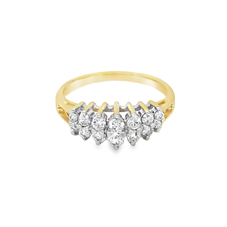 14K YELLOW GOLD ESTATE RING SIZE 6.5 WITH 14 = 0.38TW ROUND G-H SI1-SI2 DIAMONDS  GRAM WEIGHT: 2.85  (ESTATE ITEM:  ALL SALES FINAL  AS IS  NO WARRANTY)