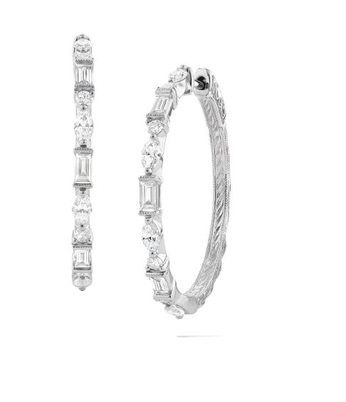 18K WHITE GOLD ENGRAVED HOOP DIAMOND EARRINGS WITH 22=1.35TW VARIOUS SHAPES (8 MARQUIS  8 ROUNDS  AND 6 BAGUETTES) F-G VS2-SI1 DIAMONDS   (7.25 GRAMS)