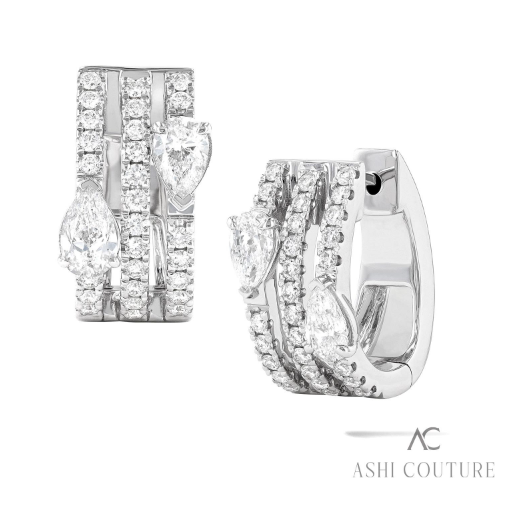 18K WHITE GOLD HUGGIE DIAMOND EARRINGS WITH 58=1.25TW VARIOUS SHAPES (4 PEARS & 54 ROUNDS) F-G VS2-SI1 DIAMONDS   (7.56 GRAMS)