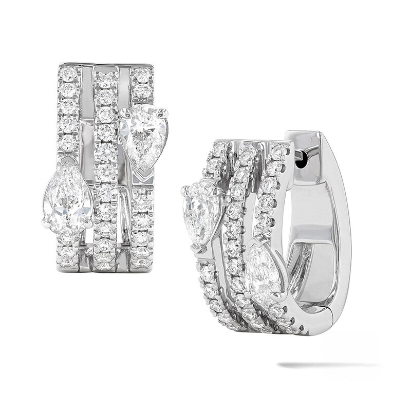 18K WHITE GOLD HUGGIE DIAMOND EARRINGS WITH 58=1.25TW VARIOUS SHAPES (4 PEARS & 54 ROUNDS) F-G VS2-SI1 DIAMONDS   (7.56 GRAMS)