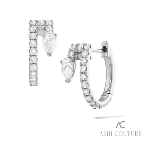 18K WHITE GOLD HUGGIE DIAMOND EARRINGS WITH 2=0.40TW PEAR F-G VS2-SI1 DIAMONDS AND 26=0.40TW ROUND F-G VS2-SI1 DIAMONDS  (3.18 GRAMS)