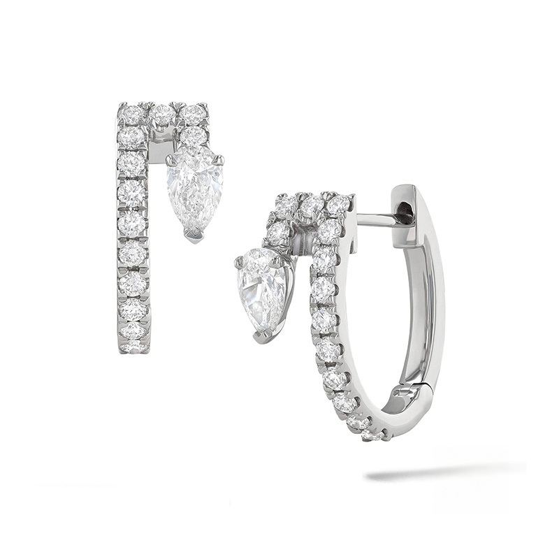 18K WHITE GOLD HUGGIE DIAMOND EARRINGS WITH 2=0.40TW PEAR F-G VS2-SI1 DIAMONDS AND 26=0.40TW ROUND F-G VS2-SI1 DIAMONDS  (3.18 GRAMS)