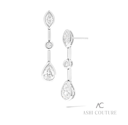 18K WHITE GOLD DROP DIAMOND EARRINGS WITH 6 1.45TW VARIOUS SHAPES (2 MARQUIS  2 ROUNDS  2 PEARS) F-G VS2-SI1 DIAMONDS   (3.38 GRAMS)