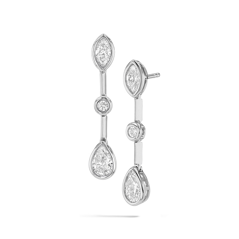 18K WHITE GOLD DROP DIAMOND EARRINGS WITH 6 1.45TW VARIOUS SHAPES (2 MARQUIS  2 ROUNDS  2 PEARS) F-G VS2-SI1 DIAMONDS   (3.38 GRAMS)