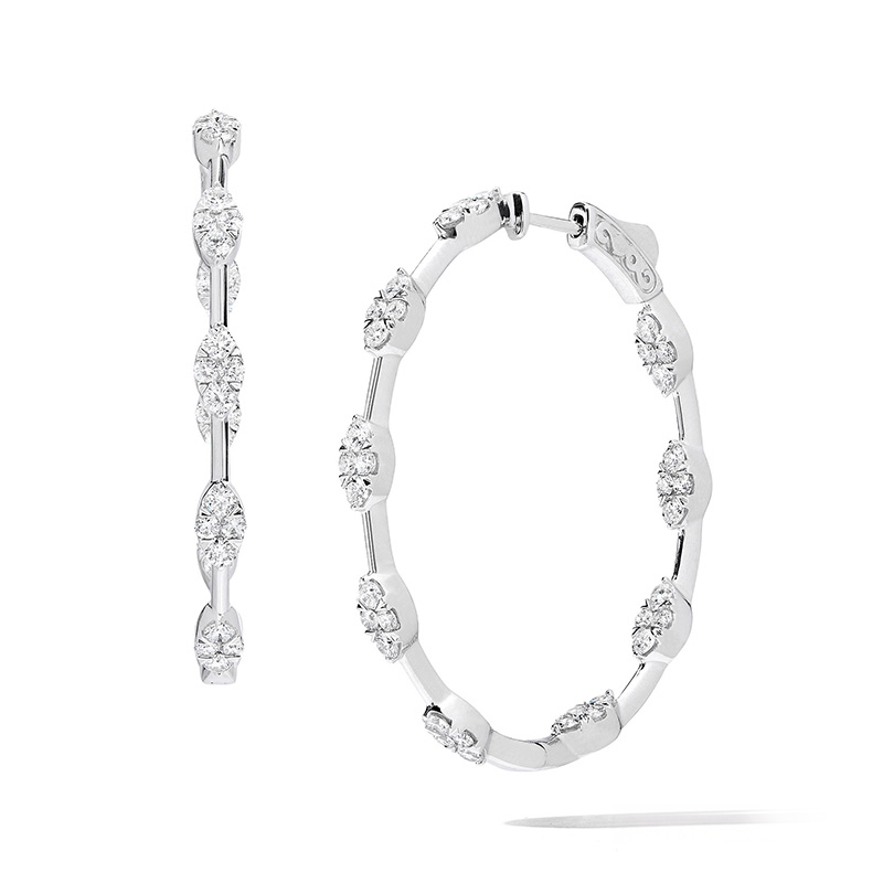 18K WHITE GOLD HOOP DIAMOND EARRINGS WITH 72=2.00TW ROUND F-G VS2-SI1 DIAMONDS