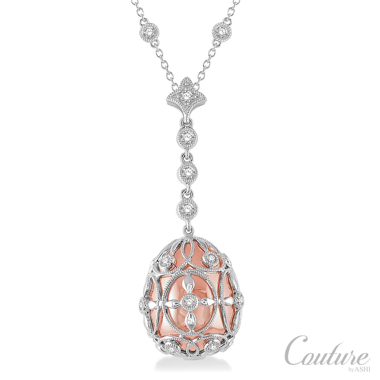 14K WHITE & ROSE GOLD COUTURE DROP DIAMOND PENDANT WITH 26=0.60TW ROUND F-G SI1-SI2 DIAMONDS