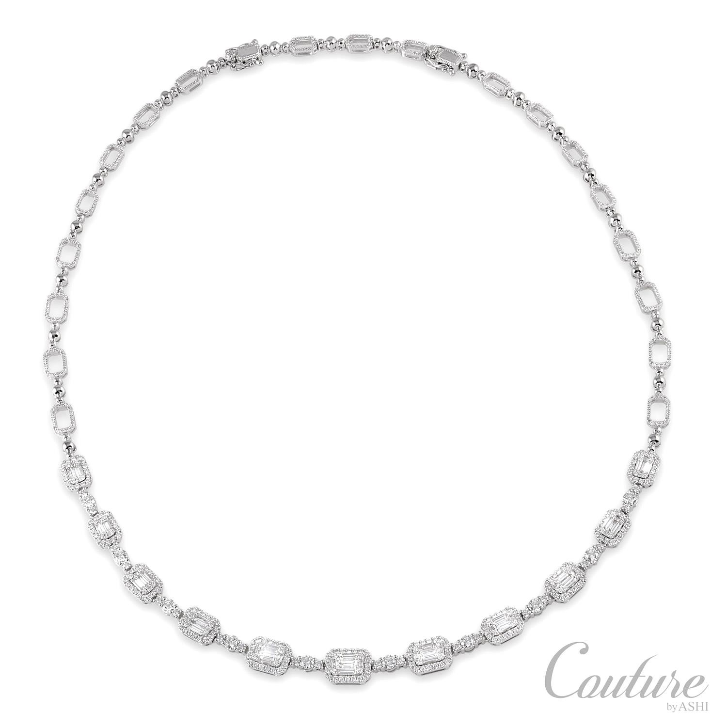 18K WHITE GOLD STATION DIAMOND NECKLACE WITH 266=2.86TW ROUND G-H SI1-SI2 DIAMONDS AND 55=1.40TW BAGUETTE G-H SI1-SI2 DIAMONDS WITH EXTENDER
