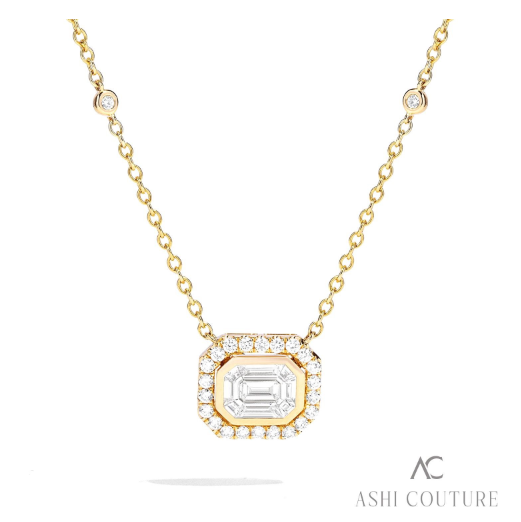 18K YELLOW GOLD HALO DIAMOND NECKLACE LENGTH 18 WITH 9=0.60TW VARIOUS SHAPES F-G VS2-SI1 DIAMONDS AND 28=0.40TW ROUND F-G VS2-SI1 DIAMONDS   (5.86 GRAMS)