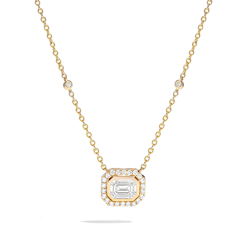 18K YELLOW GOLD HALO DIAMOND NECKLACE LENGTH 18 WITH 9=0.60TW VARIOUS SHAPES F-G VS2-SI1 DIAMONDS AND 28=0.40TW ROUND F-G VS2-SI1 DIAMONDS   (5.86 GRAMS)