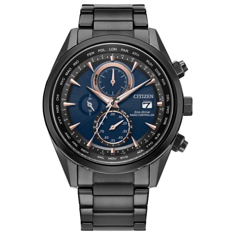 MEN'S CITIZEN SPORT LUXURY ECO DRIVE WATCH RADIO CONTROLLED BLACK TONE STAINLESS STEEL CASE AND BRACELET STRAP WITH NAVY DIAL AND ROSE TONE MARKERS