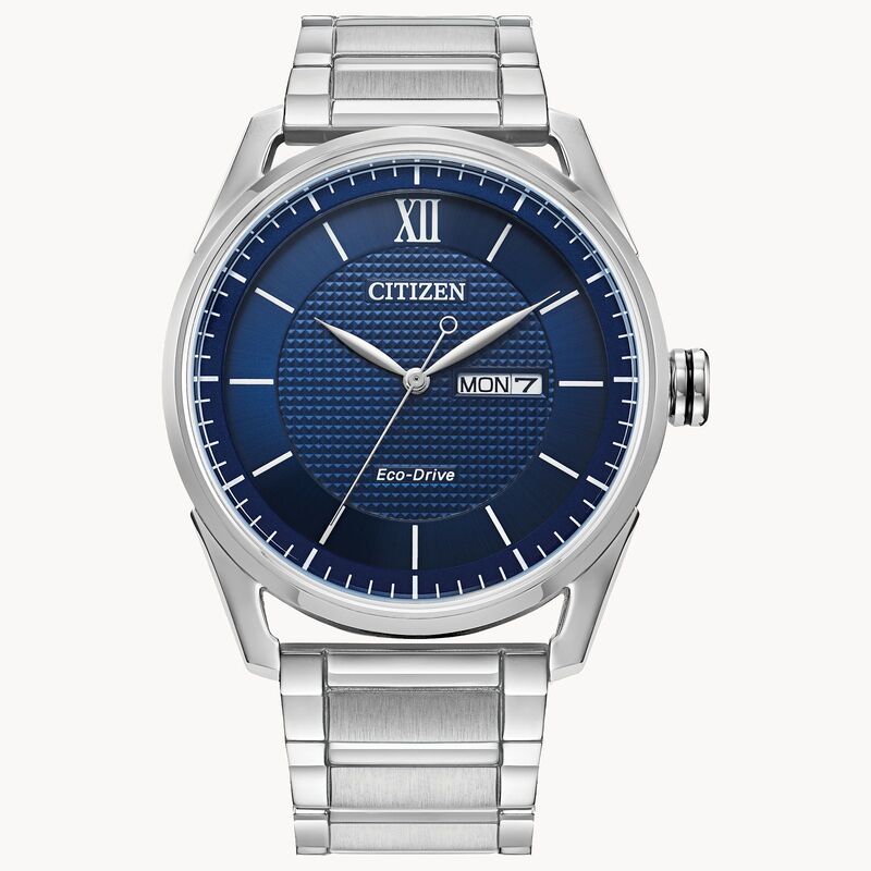MEN'S CITIZEN ECO DRIVE CLASSIC COLLECTION STAINLESS STEEL CASE AND BRACELET WITH BLUE DIAL
