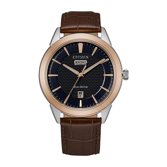 CITIZEN GENTS ECO DRIVE WITH DARK BLUE FACE  ROSE MARKERS AND BROWN LEATHER STRAP
