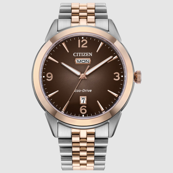 MENS CITIZEN ROLAN ECO DRIVE WATCH TWO TONE ROSE TONE STAINLESS STEEL CASE AND BRACELET STRAP WITH BROWN DIAL