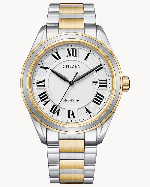 MEN'S CITIZEN AREZZO COLLECTION ECO DRIVE TWO TONE STAINLESS STEEL CASE AND BRACELET WITH WHITE FACE
