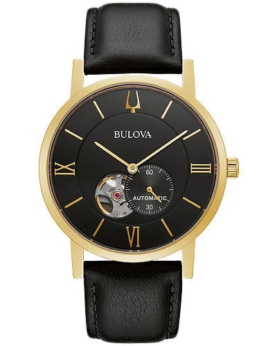 MENS BULOVA AMERICAN CLIPPER AUTOMATIC GOLD TONE STAINLESS STEEL BEZEL  BLACK DIAL  BLACK LEATHER STRAP