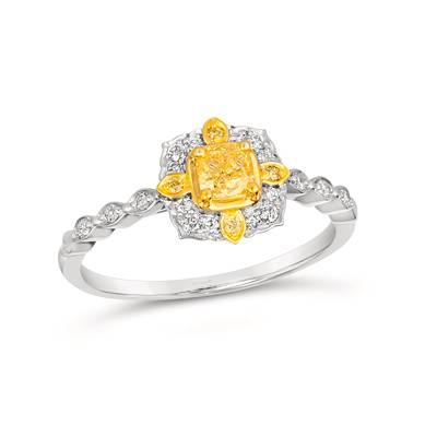 LE VIAN COUTURE PLATINUM & 18K HONEY GOLD HALO DIAMOND FASHION RING SIZE 7 ONE 0.36CT CUSHION VS2 SUNNY YELLOW DIAMOND  16=0.13TW ROUND G-H SI1 VANILLA DIAMONDS  AND   4=0.02TW ROUND VS2 SUNNY YELLOW DIAMONDS   (3.66 GRAMS)