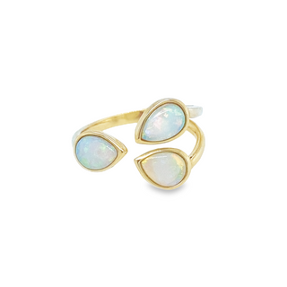 14K YELLOW GOLD BEZEL RING WITH 3=1.08TW PEAR SHAPED AUSTRALIAN OPALS