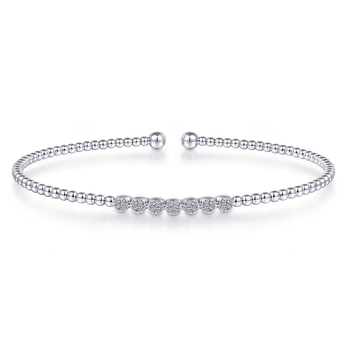 GABRIEL & CO BUJUKAN COLLECTION 14K WHITE GOLD BEADED BANGLE DIAMOND BRACELET WITH 28=0.13TW ROUND H SI2 DIAMONDS    (5.00 GRAMS)