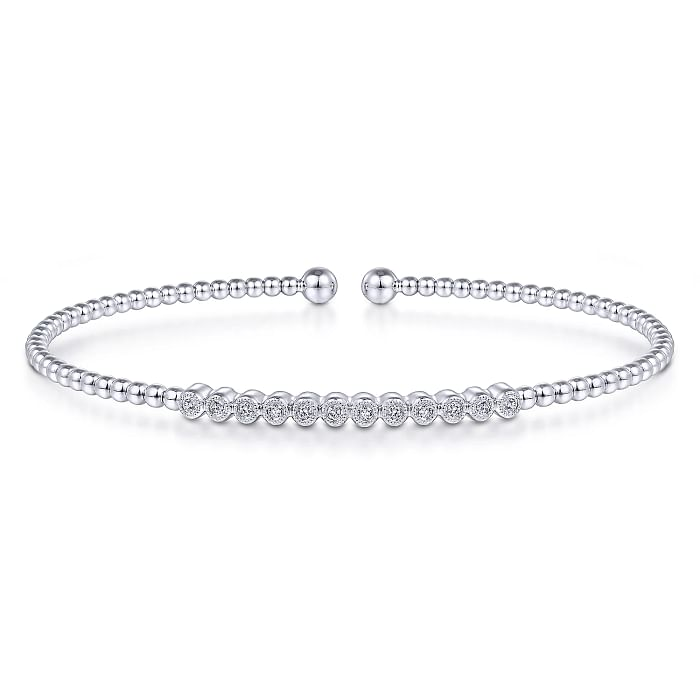 GABRIEL & CO 14K WHITE GOLD BEADED BANGLE DIAMOND BRACELET WITH 12=0.14TW ROUND H SI2 DIAMONDS   (5.82 GRAMS)