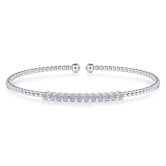 14K WHITE GOLD BEADED BANGLE DIAMOND BRACELET WITH 12=0.14TW ROUND H SI2 DIAMONDS   (5.82 GRAMS)