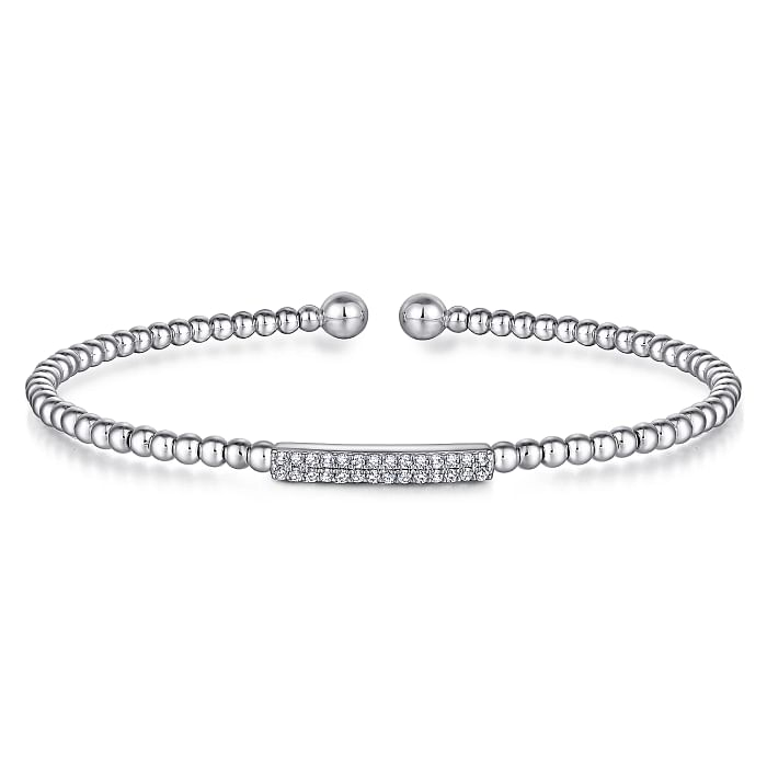 14K WHITE GOLD BEADED BANGLE DIAMOND BRACELET WITH 28=0.13TW ROUND H SI2 DIAMONDS   (5.10 GRAMS)