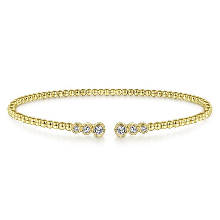 14K YELLOW GOLD BEADED BANGLE DIAMOND BRACELET WITH 6=0.23TW ROUND H SI2 DIAMONDS    (4.67 GRAMS)