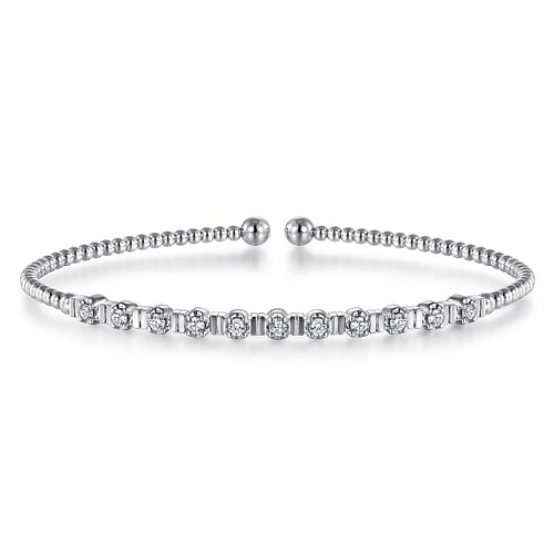 GABRIEL & CO BUJUKAN COLLECTION 14K WHITE GOLD BEADED BANGLE DIAMOND BRACELET WITH 11 = 0.33TW ROUND G-H SI1 DIAMONDS   (5.53 GRAMS)