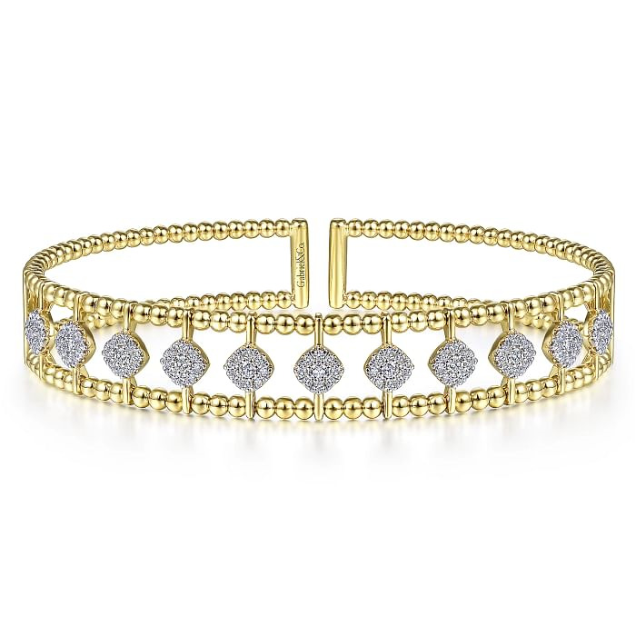 14K YELLOW GOLD BEADED BANGLE DIAMOND BRACELET WITH 99=0.70TW ROUND H SI2 DIAMONDS   (11.57 GRAMS)