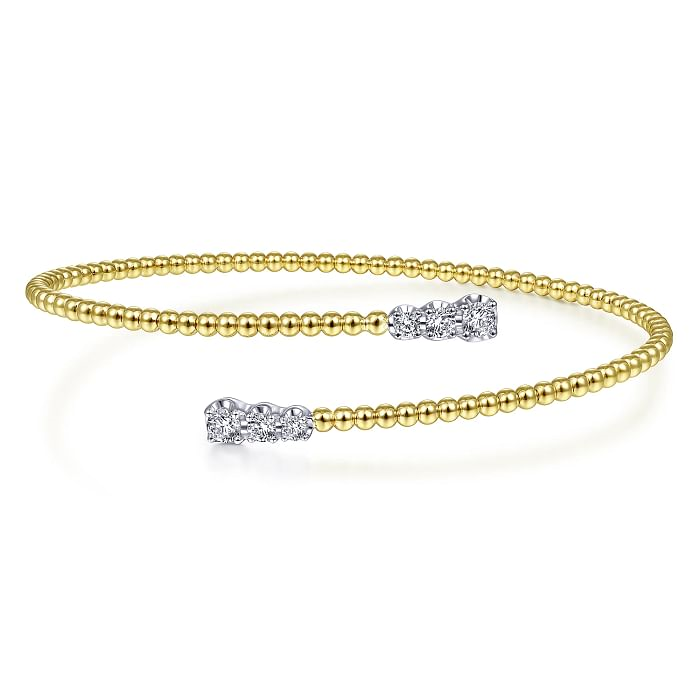 14K YELLOW & WHITE GOLD BEADED BYPASS BANGLE DIAMOND BRACELET WITH 6=0.44TW ROUND H SI2 DIAMONDS    (5.27 GRAMS)