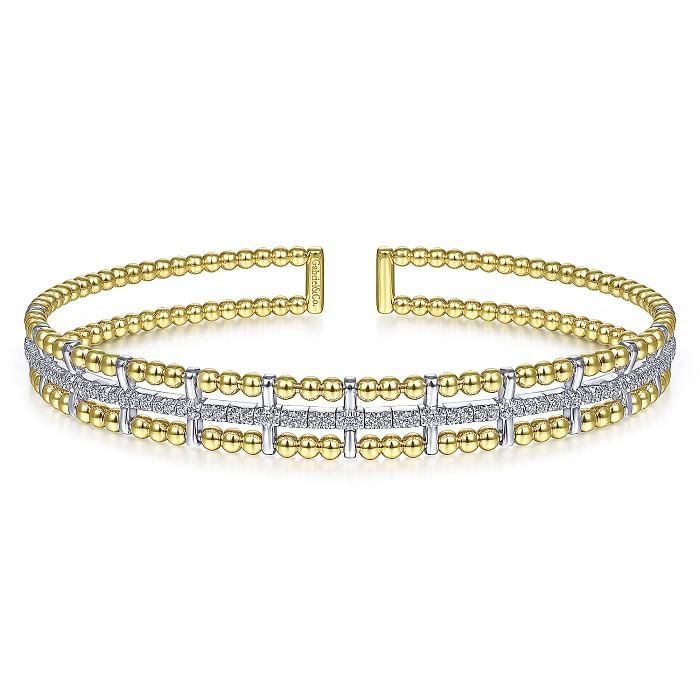 14K YELLOW & WHITE GOLD BEADED BANGLE DIAMOND BRACELET WITH 72=0.37TW ROUND H SI2 DIAMONDS  (11.70 GRAMS)