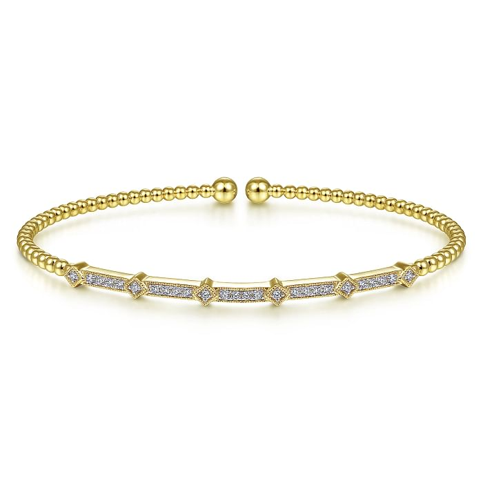 GABRIEL & CO BUJUKAN COLLECTION 14K YELLOW GOLD BEADED BANGLE DIAMOND BRACELET WITH 26=0.20TW ROUND H SI2 DIAMONDS   (5.77 GRAMS)