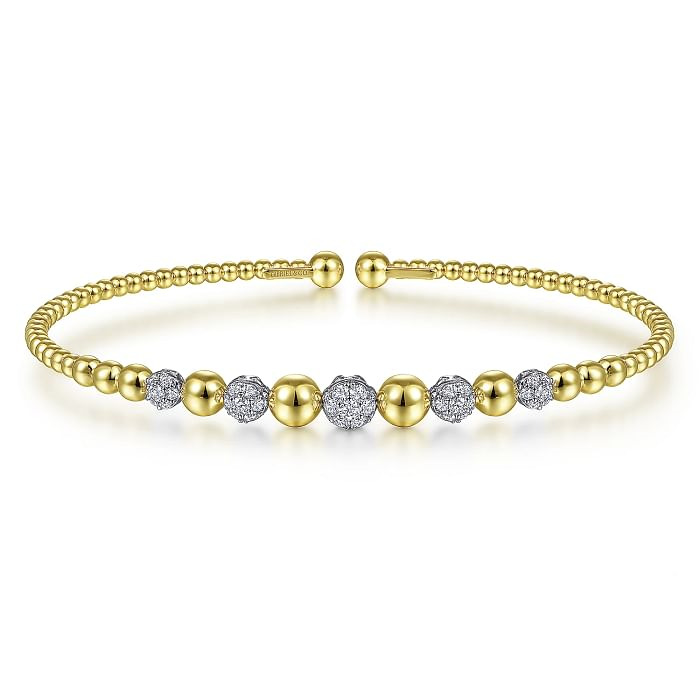 GABRIEL & CO 14K YELLOW & WHITE GOLD BEADED BANGLE DIAMOND BRACELET WITH 35=0.36TW ROUND H SI2 DIAMONDS   (6.23 GRAMS)