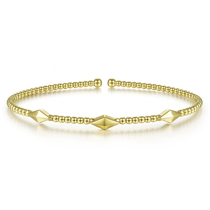 14K YELLOW GOLD PYRAMID STATION BEADED BANGLE BRACELET SIZE 6.25   (5.31 GRAMS)