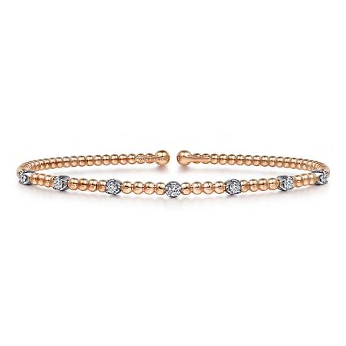 GABRIEL & CO BUJUKAN COLLECTION 14K WHITE & ROSE GOLD BEADED BANGLE DIAMOND BRACELET WITH 7 = 0.21TW ROUND G-H SI1 DIAMONDS   (4.76 GRAMS)