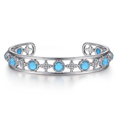 BUJUKAN COLLECTION STERLING SILVER BEADED STATION BANGLE CUFF BRACELET WITH 9=5.50MM ROUND ROCK CRYSTAL AND SIMULATED TURQUOISE   (16.93 GRAMS)