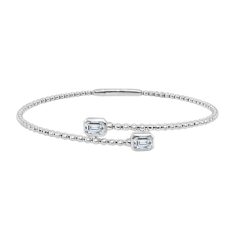 14K WHITE GOLD BEADED FLEXI-BANGLE DIAMOND BRACELET WITH 2 = 0.71TW EMERALD H VS2 DIAMONDS  (5.12 GRAMS)