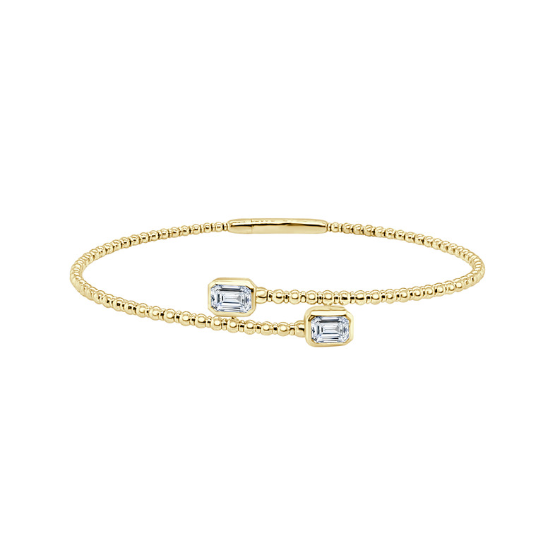 14K YELLOW GOLD BEADED BANGLE DIAMOND BRACELET WITH 2 = 0.71TW EMERALD H VS2 DIAMONDS  (5.32 GRAMS)