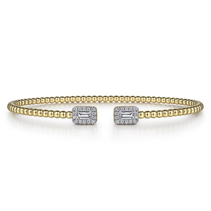 14K YELLOW GOLD BEADED BANGLE DIAMOND BRACELET WITH 2=0.17TW BAGUETTE G-H VS2 DIAMONDS AND 28=0.13TW ROUND G-H SI2 DIAMONDS    (4.69 GRAMS)