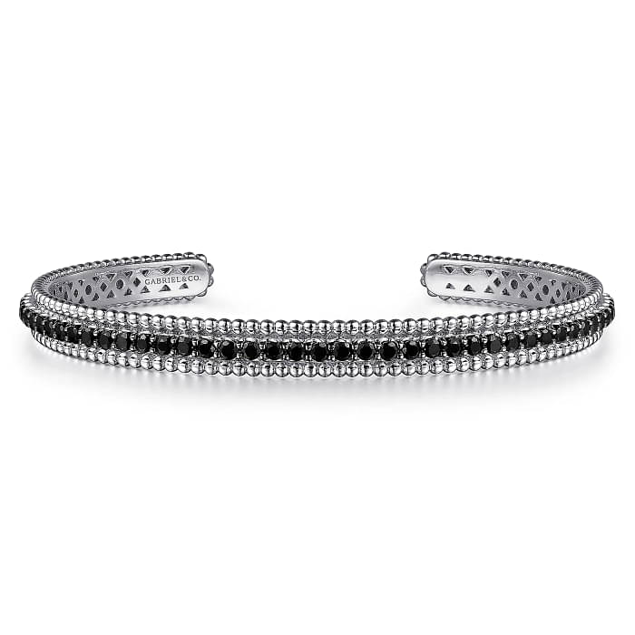 GABRIEL & CO STERLING SILVER BUJUKAN BEADED CUFF BRACELET WITH 42=1.84TW ROUND BLACK SPINELS   (14.70 GRAMS)