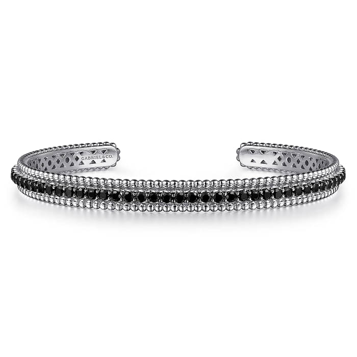 GABRIEL & CO STERLING SILVER BUJUKAN BEADED CUFF BRACELET WITH 42=1.84TW ROUND BLACK SPINELS   (14.62 GRAMS)