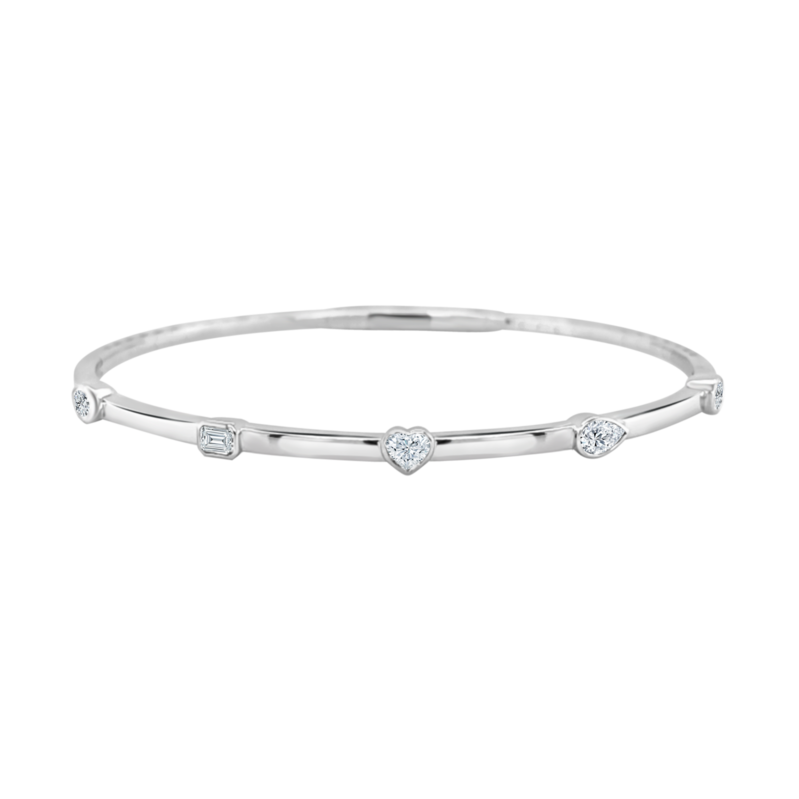 14K WHITE GOLD BANGLE DIAMOND BRACELET WITH 5 = 0.85TW VARIOUS SHAPES G-H SI1-SI2 DIAMONDS (1 MARQUIS  1 EMERALD  1 HEART  1PEAR AND 1 OVAL)