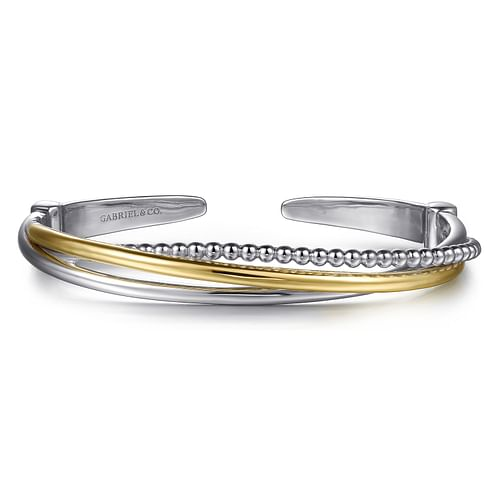 GABRIEL & CO BUJUKAN COLLECTION STERLING SILVER & 14K YELLOW GOLD BEADED BANGLE BRACELET   (24.2 GRAMS)