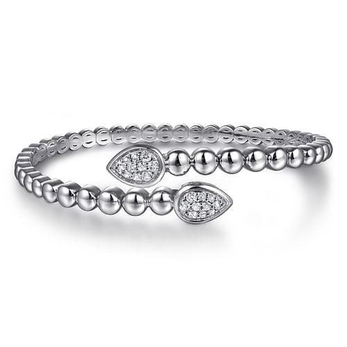 GABRIEL & CO BUJUKAN COLLECTION STERLING SILVER BEADED BANGLE BRACELET WITH 20 = 0.49TW ROUND WHITE SAPPHIRES  (15.74 GRAMS)