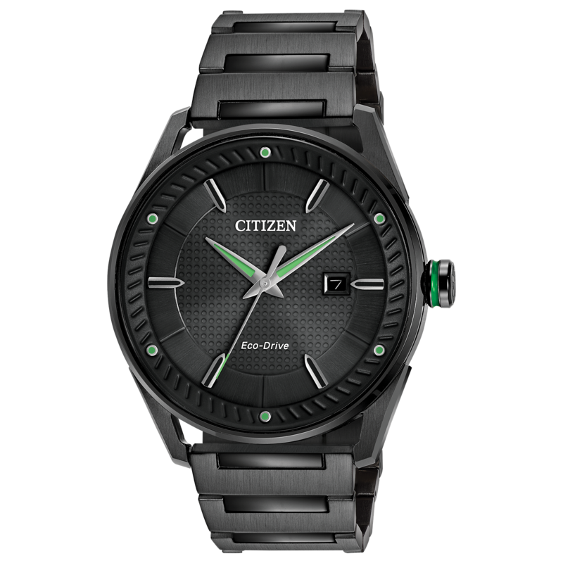 MEN'S CITIZEN DRIVE COLLECTION ECO-DRIVE BLACK STAINLESS STEEL CASE  BRACELET  AND DIAL WITH GREEN ACCENTS