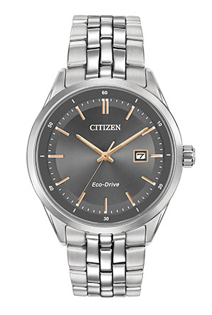 MEN S CITIZEN DRESS COLLECTION ECO DRIVE STAINLES STEEL CASE AND BRACELET WITH GREY FACE AND ROSE ACCENTS